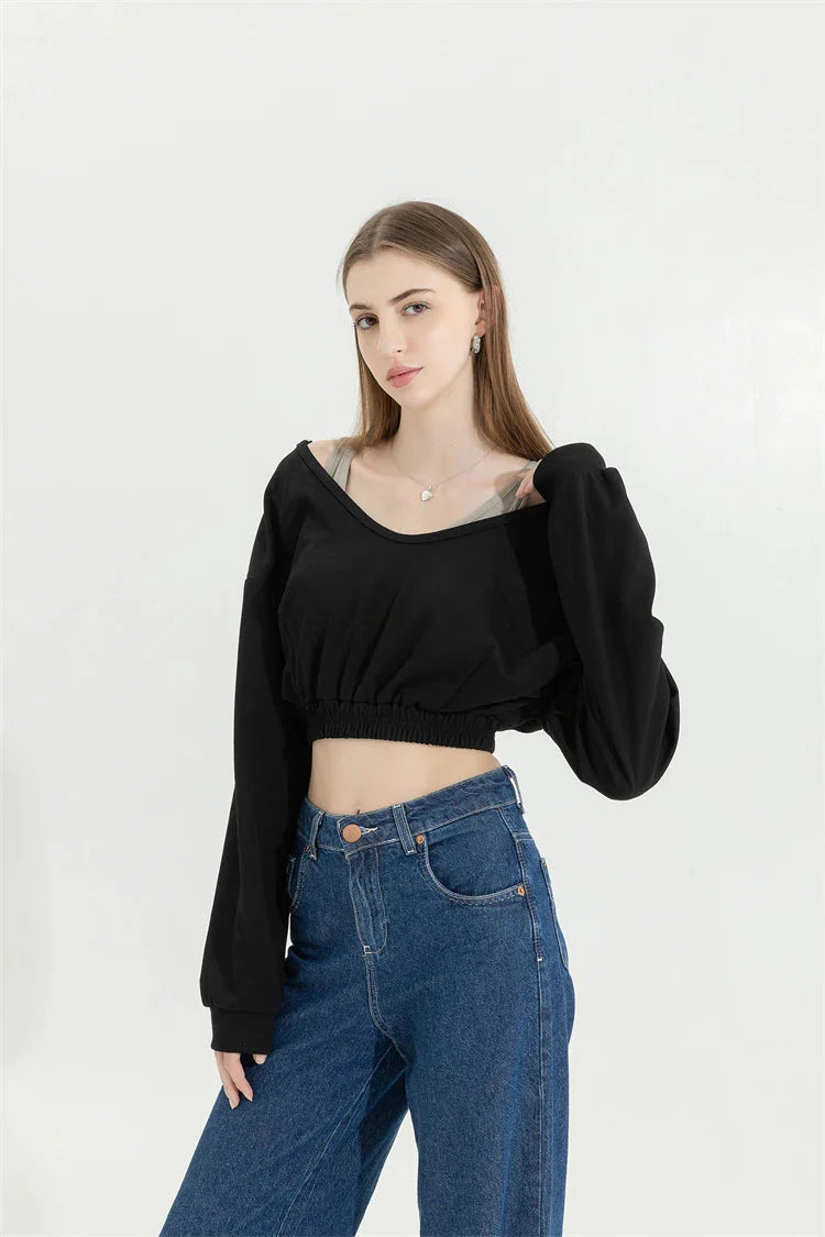 Strap Detailed Wide Neck Crop Sweatshirt - KAYSMAR