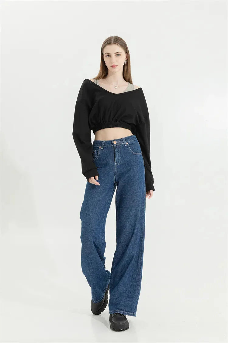 Strap Detailed Wide Neck Crop Sweatshirt - KAYSMAR