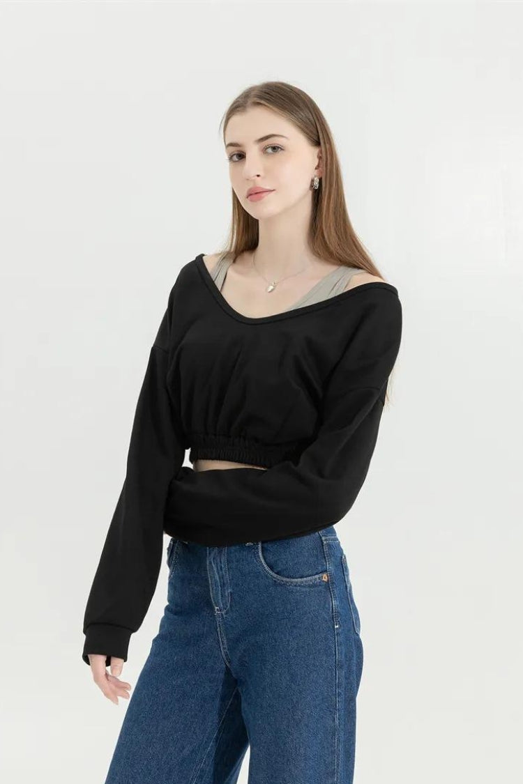 Strap Detailed Wide Neck Crop Sweatshirt - KAYSMAR