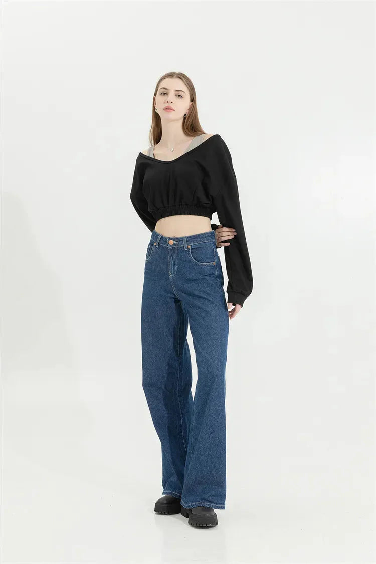 Strap Detailed Wide Neck Crop Sweatshirt - KAYSMAR