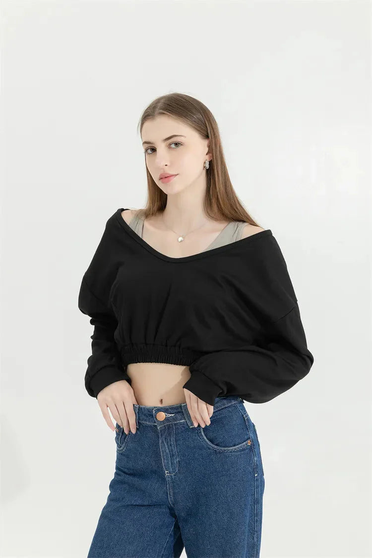 Strap Detailed Wide Neck Crop Sweatshirt - KAYSMAR