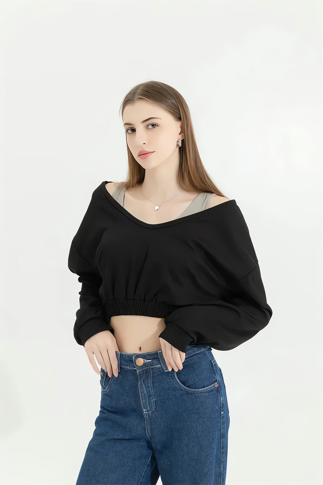 Strap Detailed Wide Neck Crop Sweatshirt - KAYSMAR