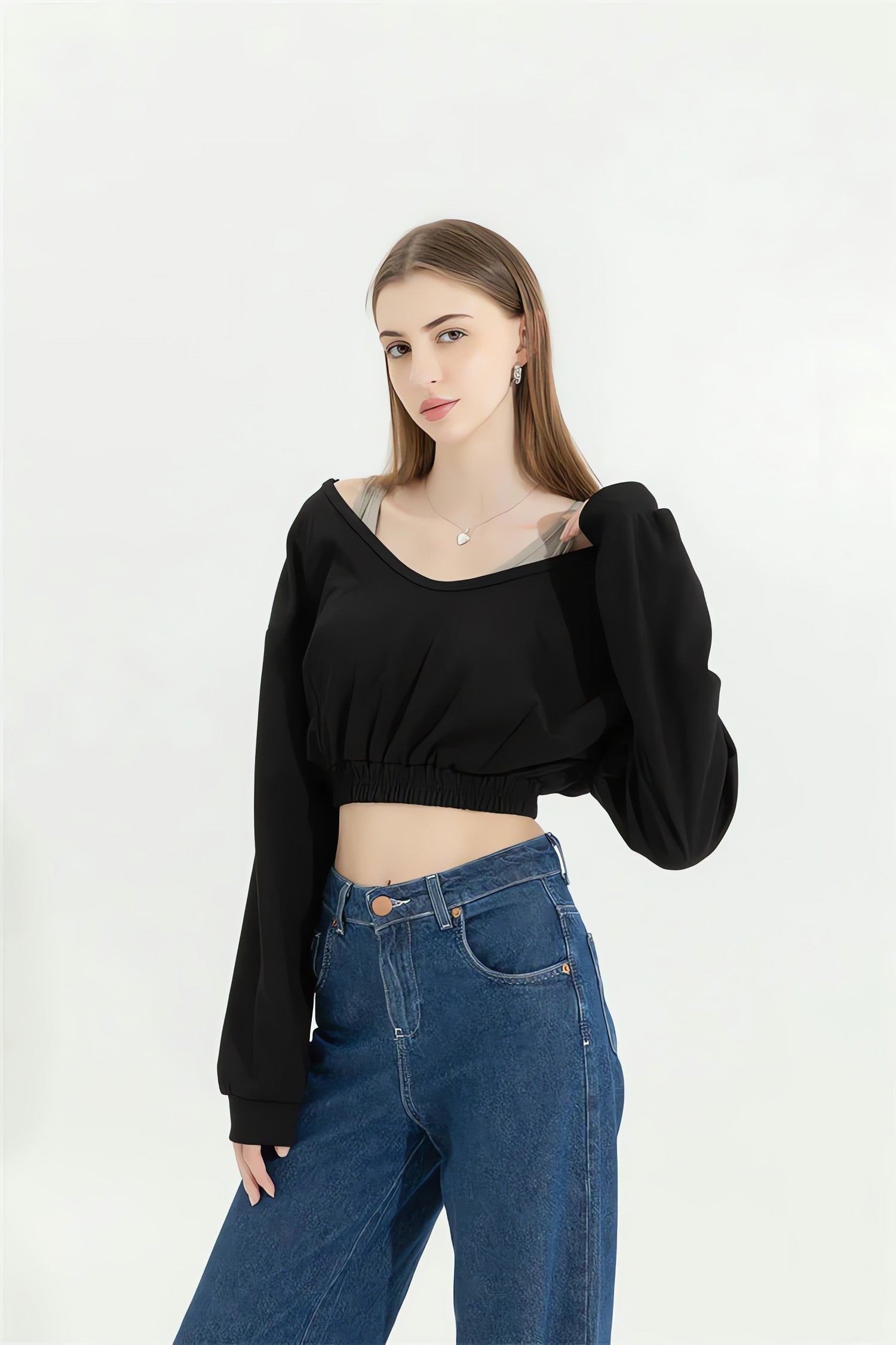 Strap Detailed Wide Neck Crop Sweatshirt - KAYSMAR