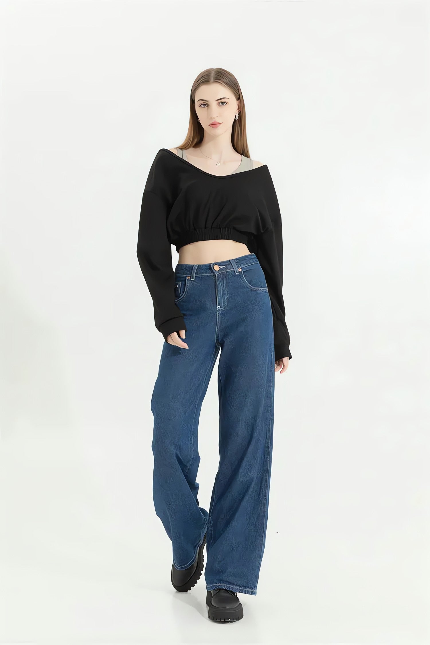 Strap Detailed Wide Neck Crop Sweatshirt - KAYSMAR