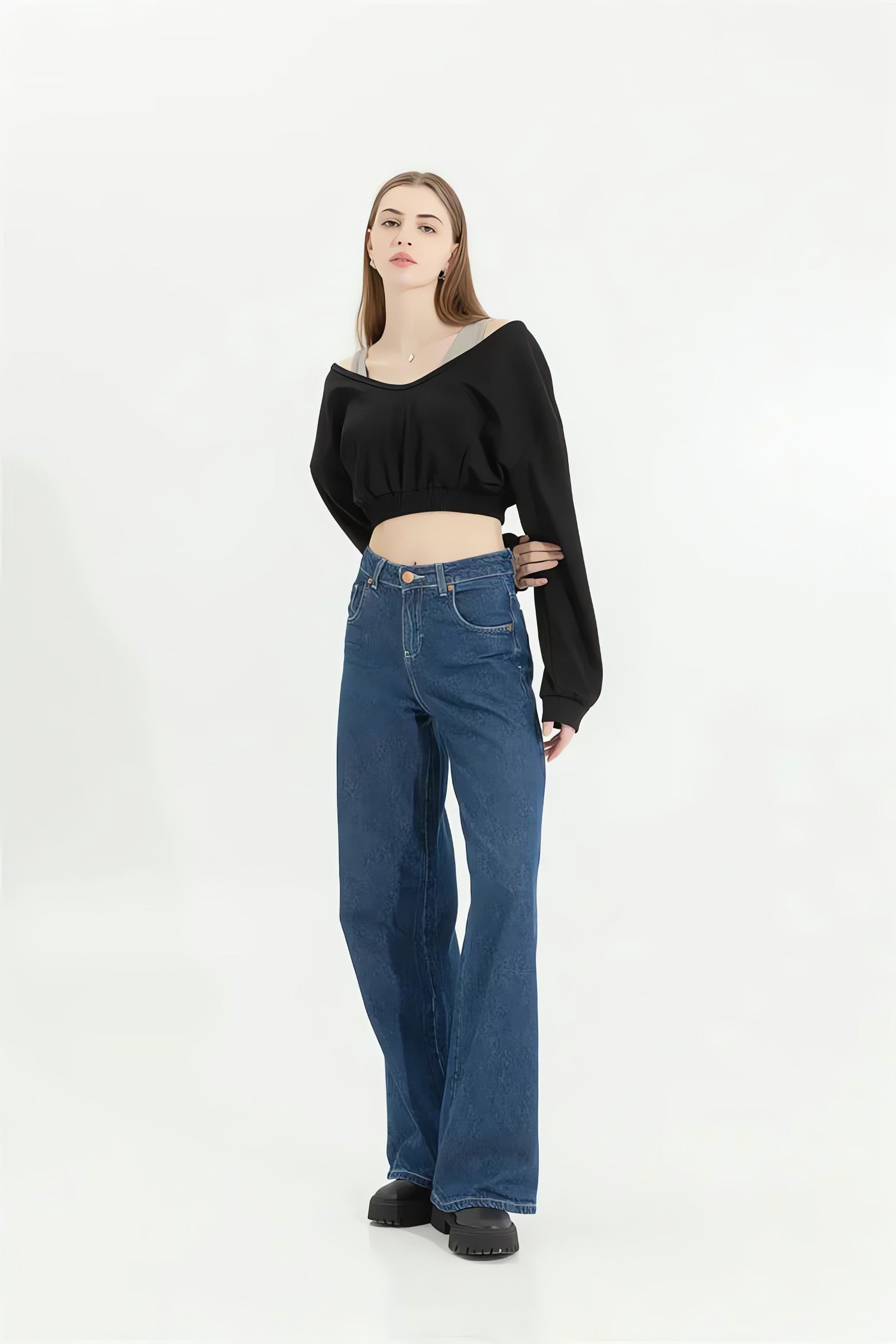 Strap Detailed Wide Neck Crop Sweatshirt - KAYSMAR