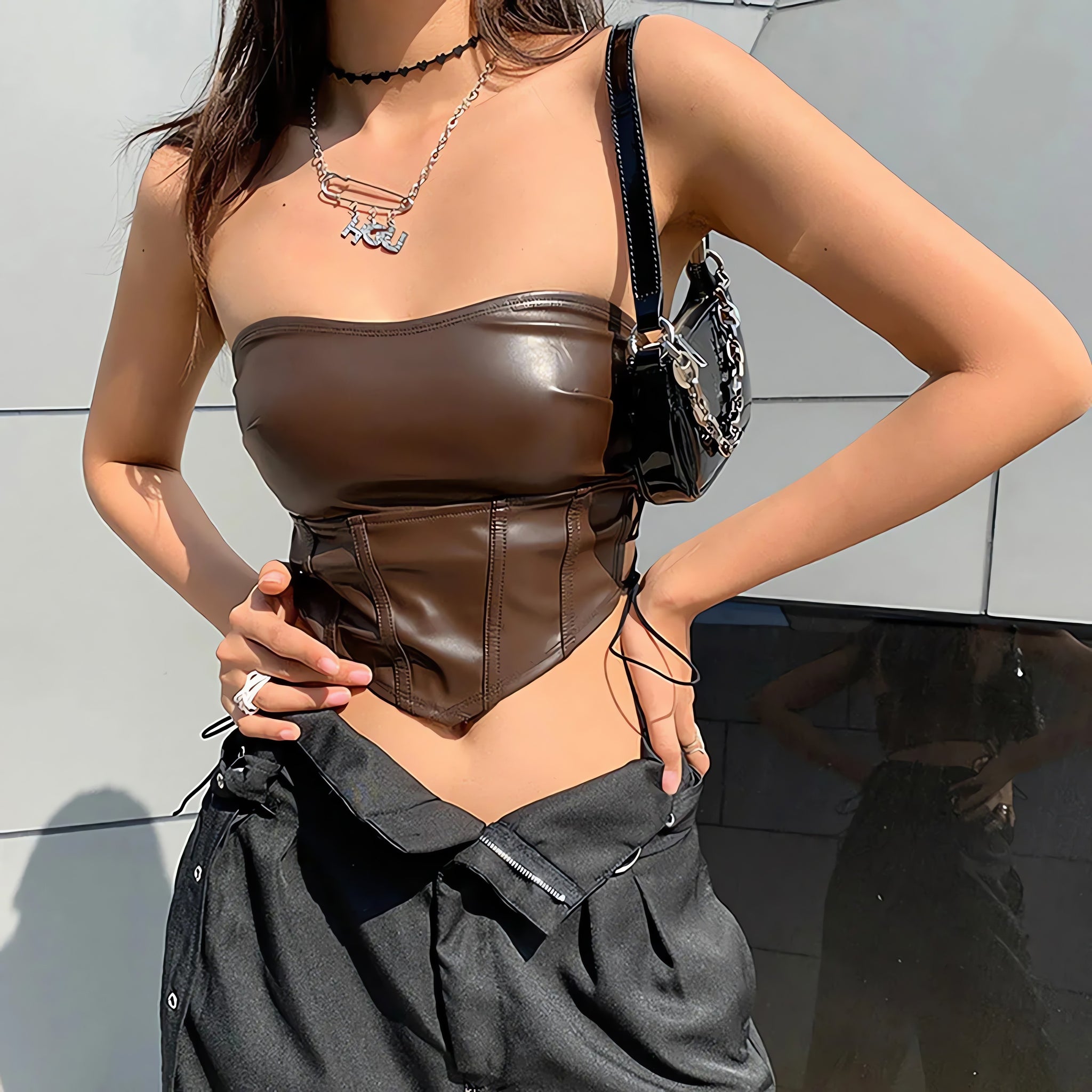 Strapless Faux Leather Crop Top