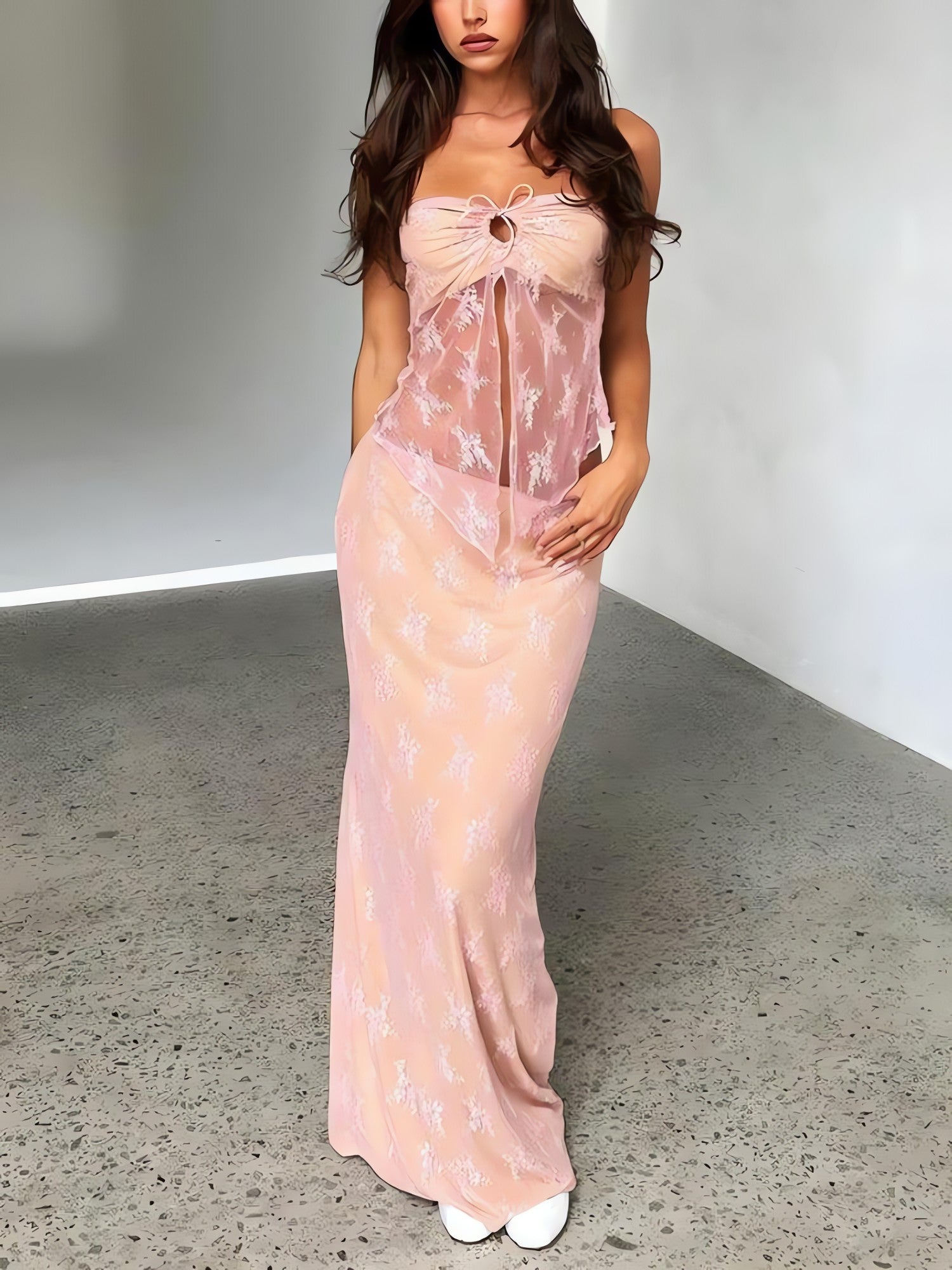 Strapless Sheer Top & Maxi Skirt Two Piece Set - KAYSMAR