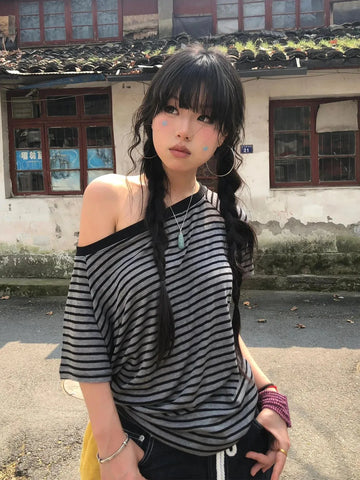 Striped One Shoulder Tee - KAYSMAR