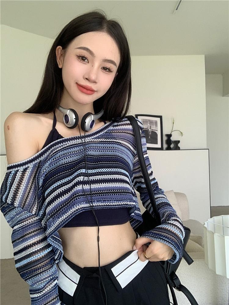 Striped Wide Neck Crop Sweater - KAYSMAR