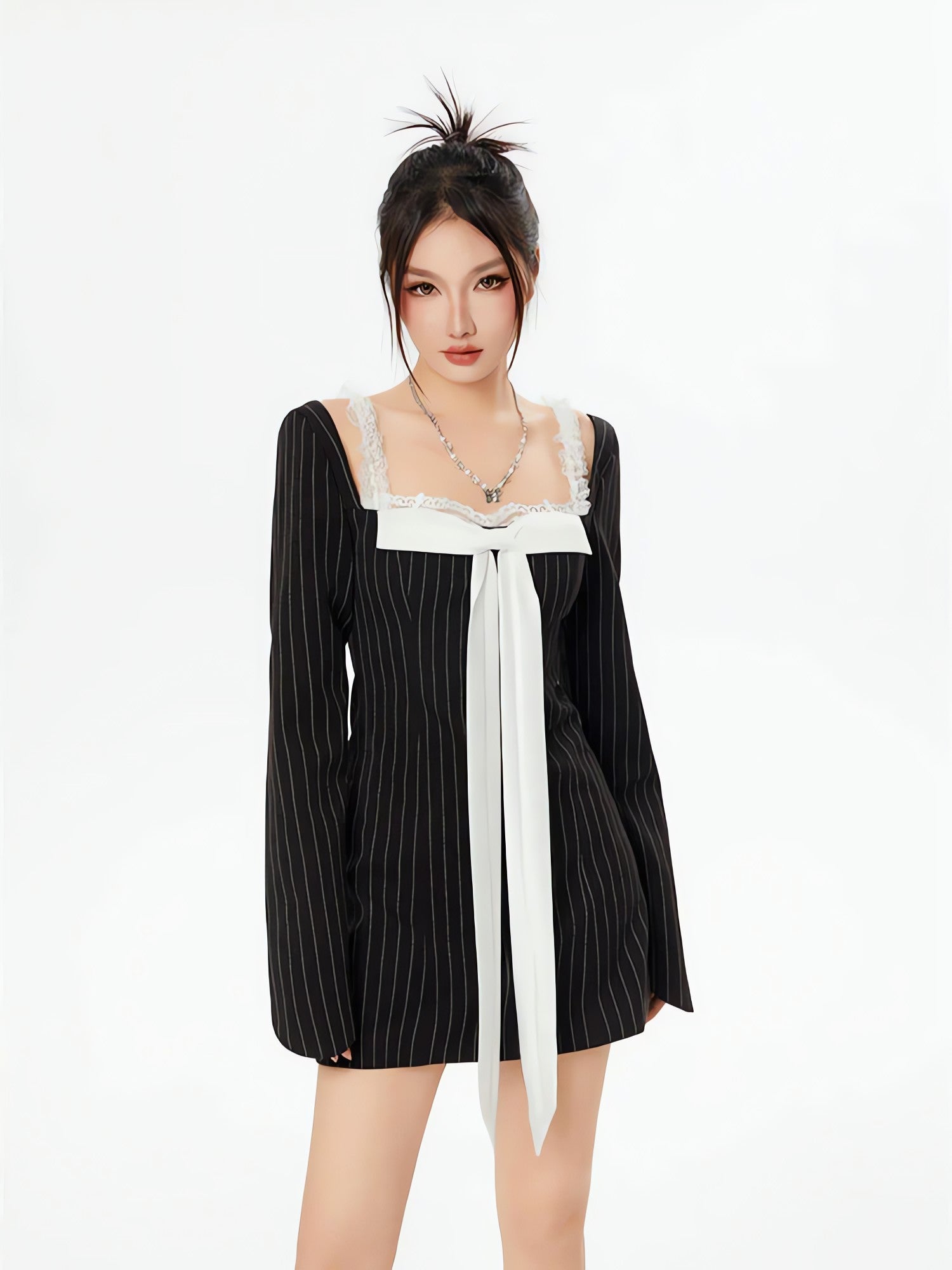 Striped Lace Strap Bow Mini Dress - KAYSMAR