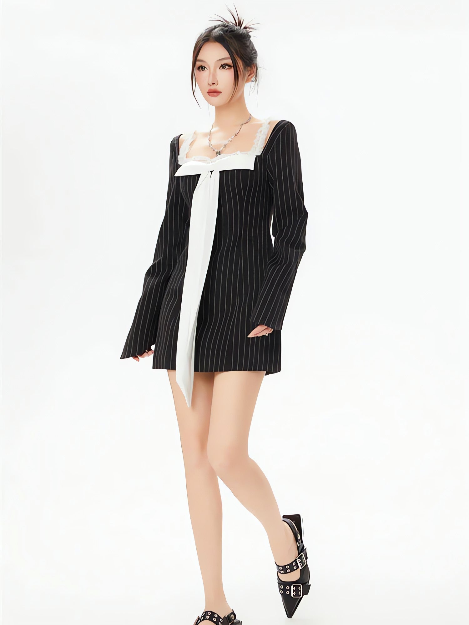 Striped Lace Strap Bow Mini Dress - KAYSMAR