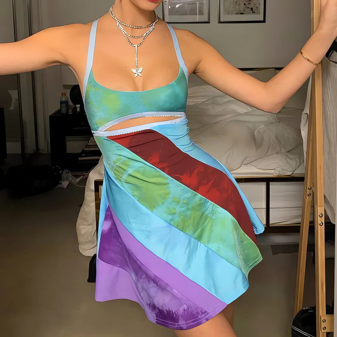 Striped Patch Satin Mini Dress - KAYSMAR