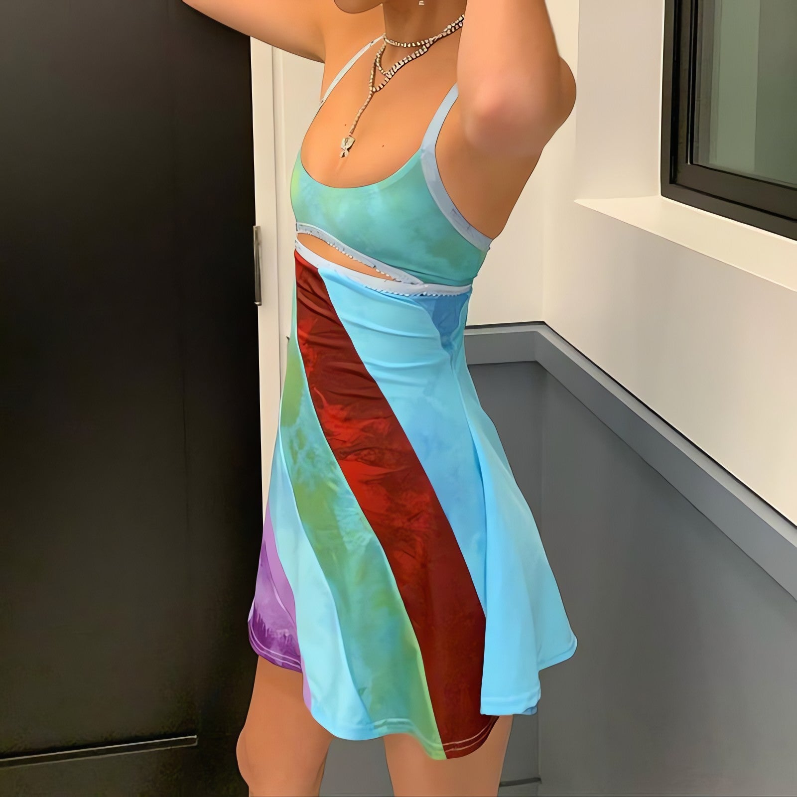 Striped Patch Satin Mini Dress - KAYSMAR