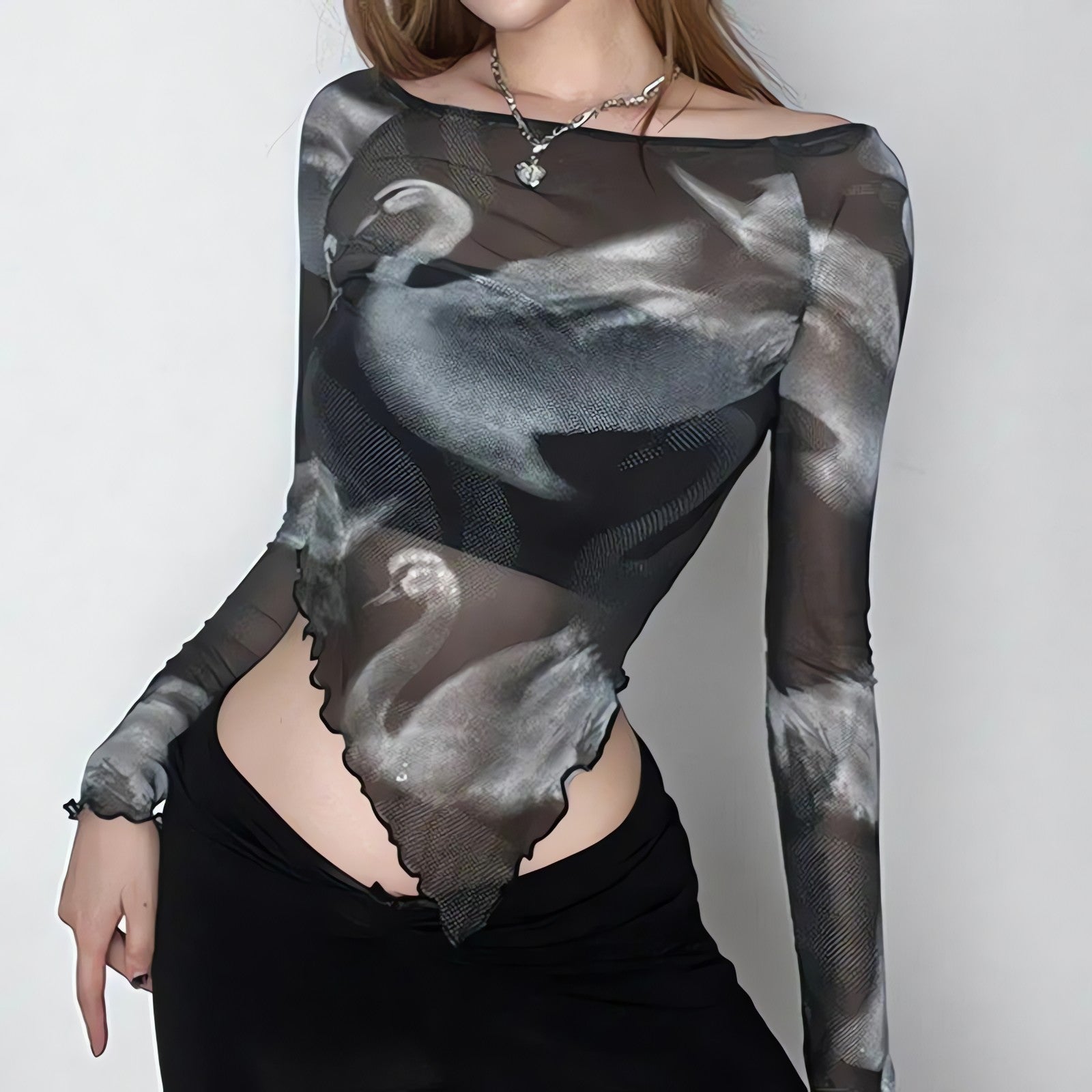 Swan Graphic Asymmetrical Mesh Top - KAYSMAR