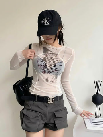 Text Print Sheer Mesh Top - KAYSMAR