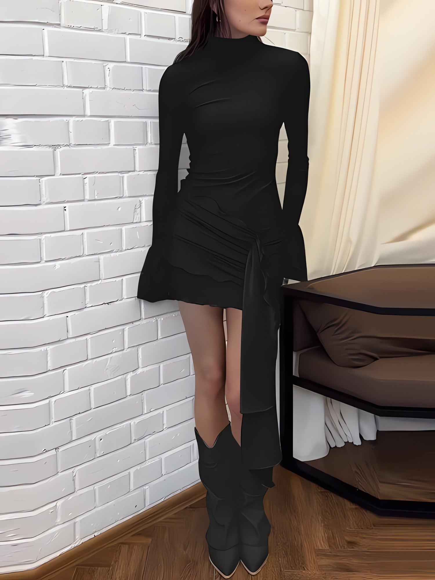 Tie Front Turtleneck Mini Dress - KAYSMAR