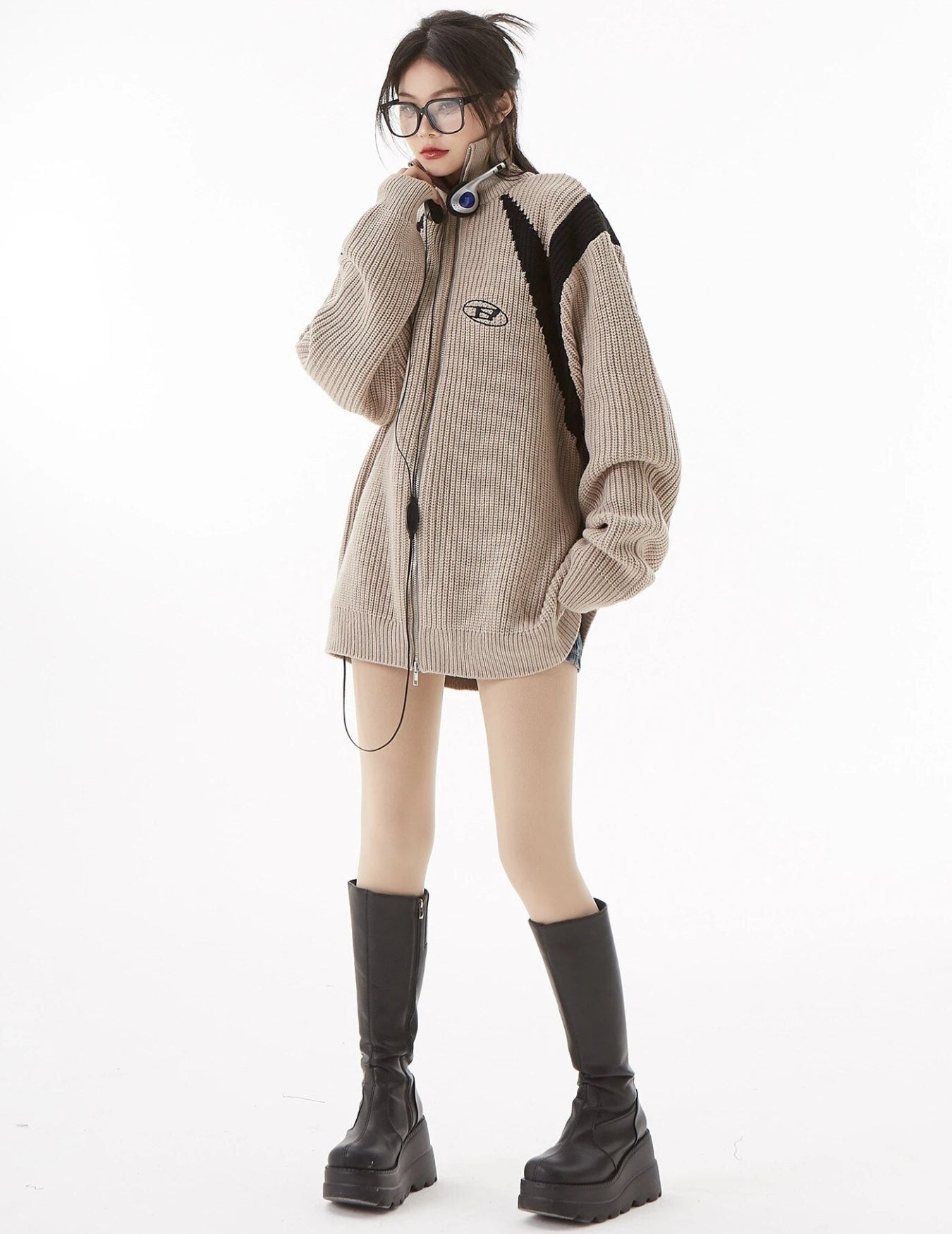 Turtleneck Zip-Up Loose Cardigan - KAYSMAR