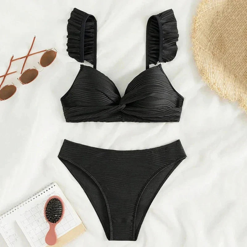 Twisted Bust Ruffled Straps Bikini Set - KAYSMAR