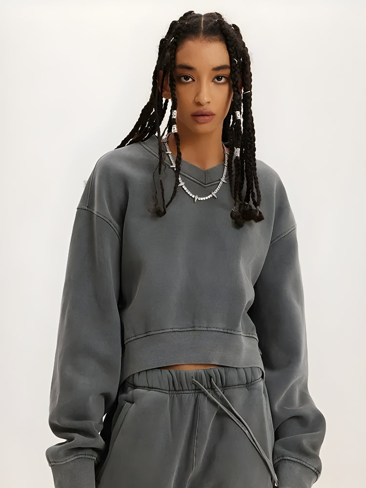 V-Neck Drop Shoulder Cropped Sweatshirt - KAYSMAR