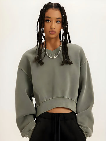 V-Neck Drop Shoulder Cropped Sweatshirt - KAYSMAR