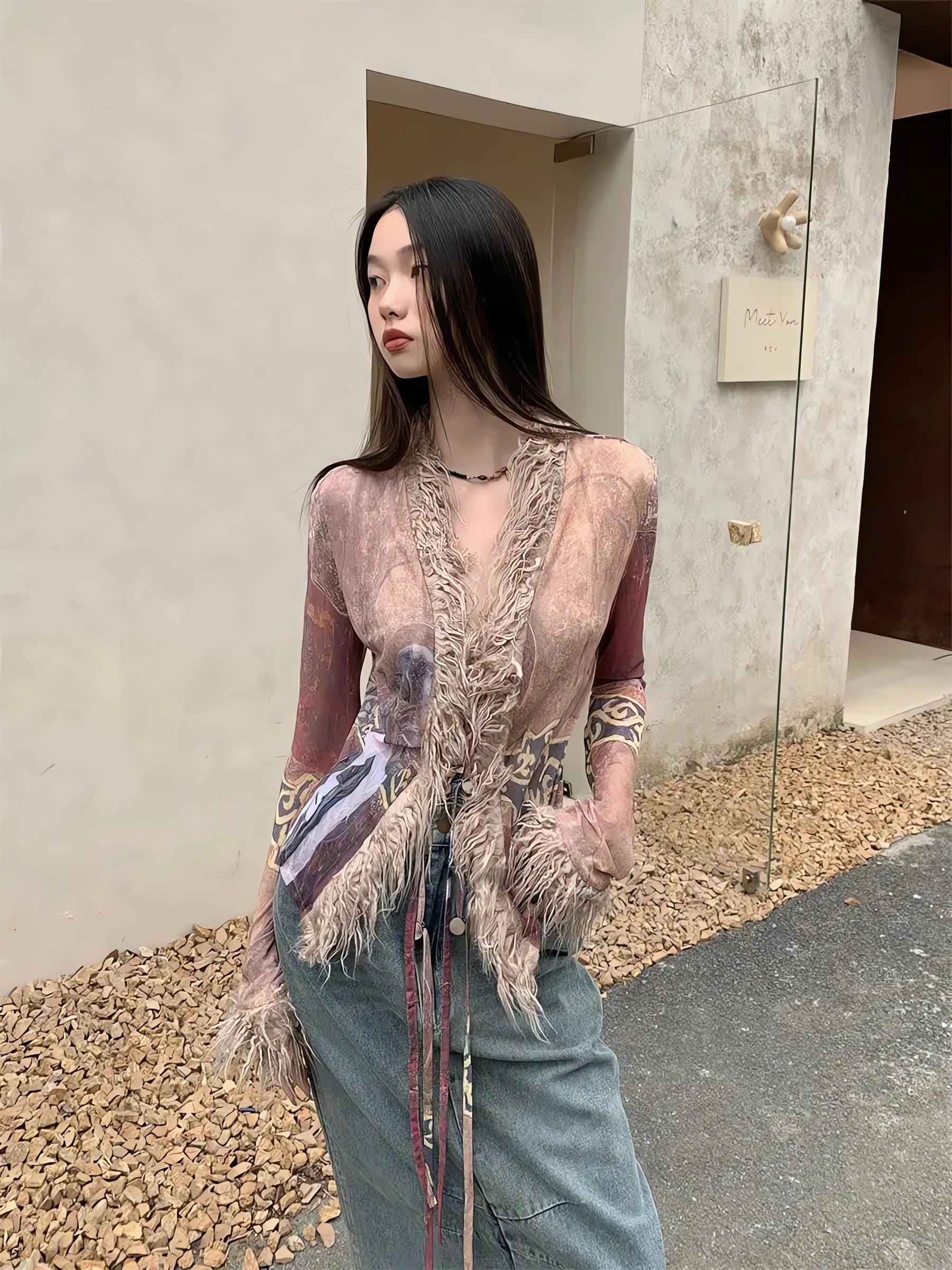 Vintage Faux Fur Detailed Lace Up Top - KAYSMAR