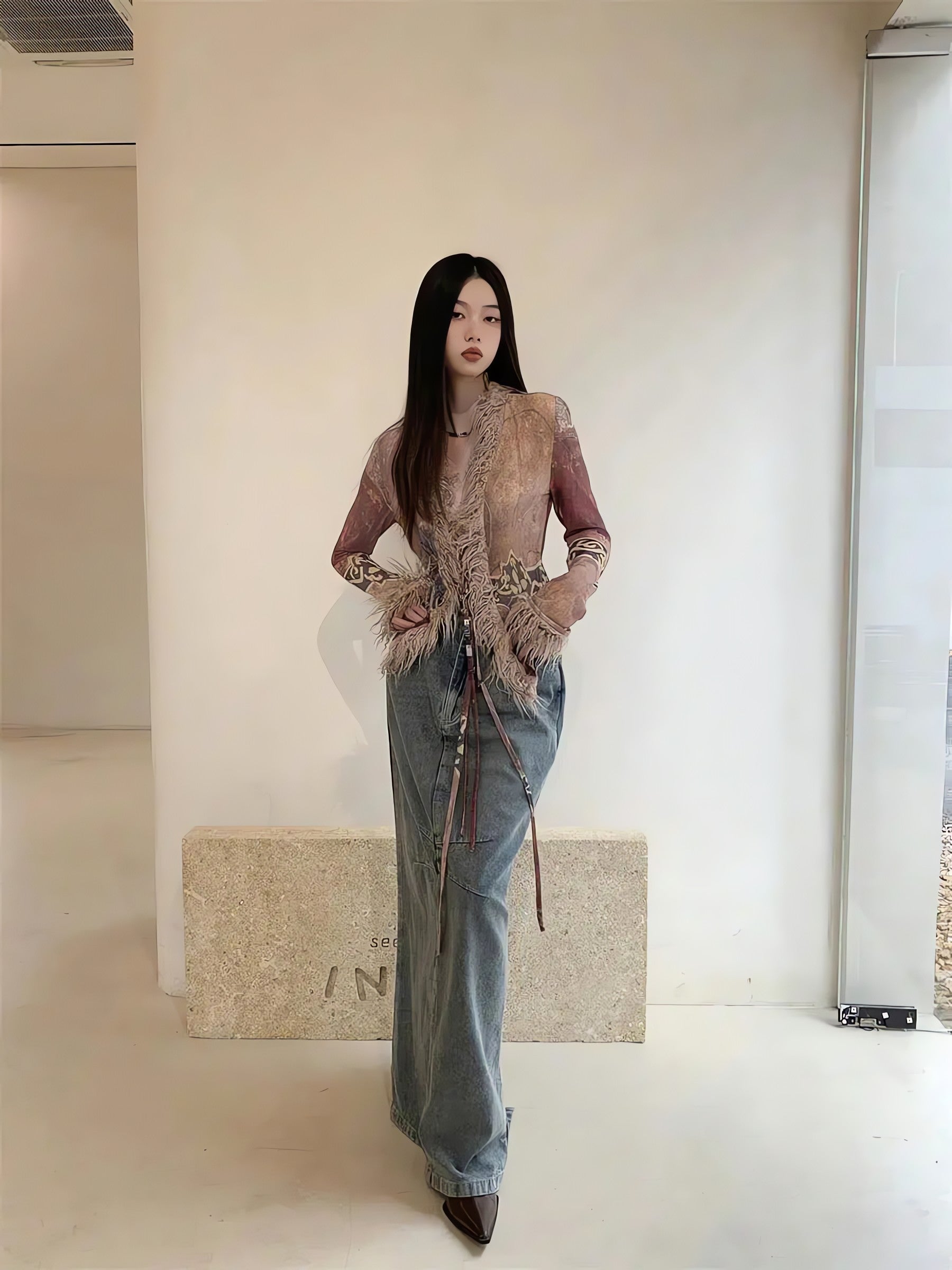 Vintage Faux Fur Detailed Lace Up Top - KAYSMAR