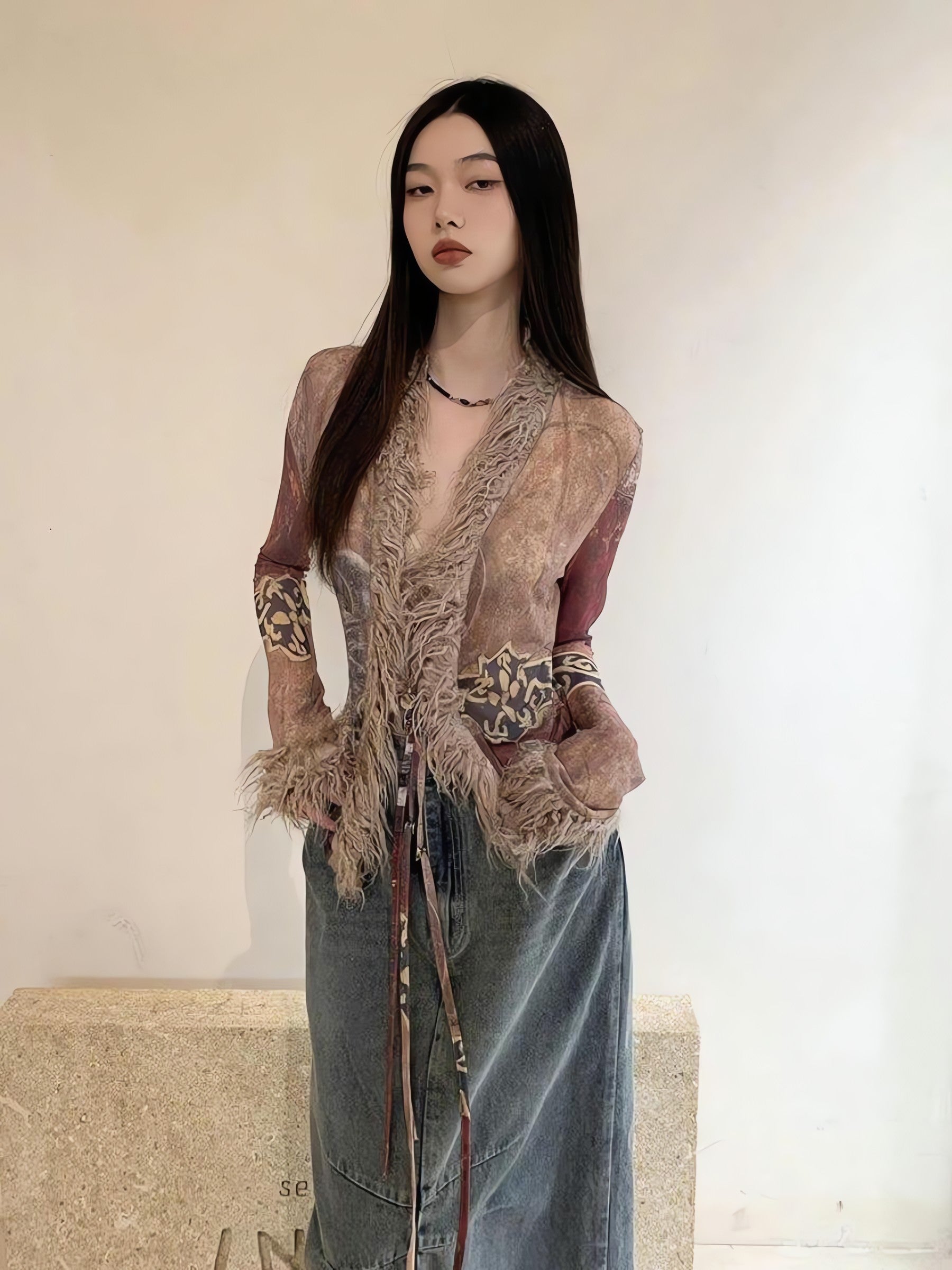 Vintage Faux Fur Detailed Lace Up Top - KAYSMAR