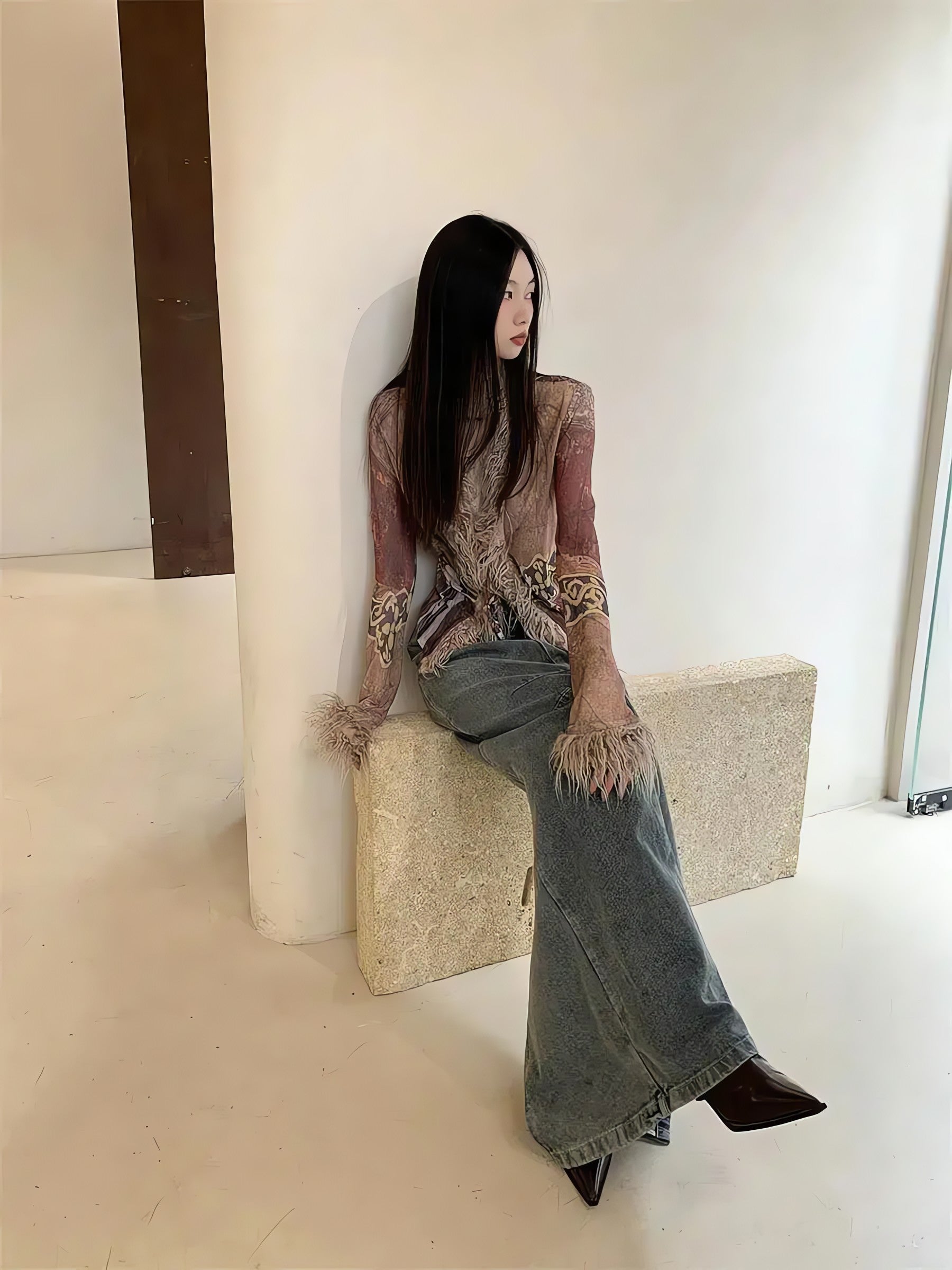 Vintage Faux Fur Detailed Lace Up Top - KAYSMAR