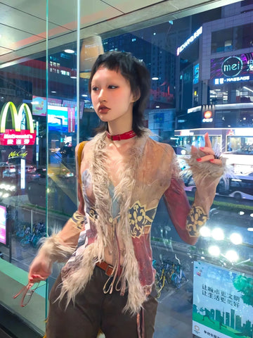 Vintage Faux Fur Tie Front Top - KAYSMAR