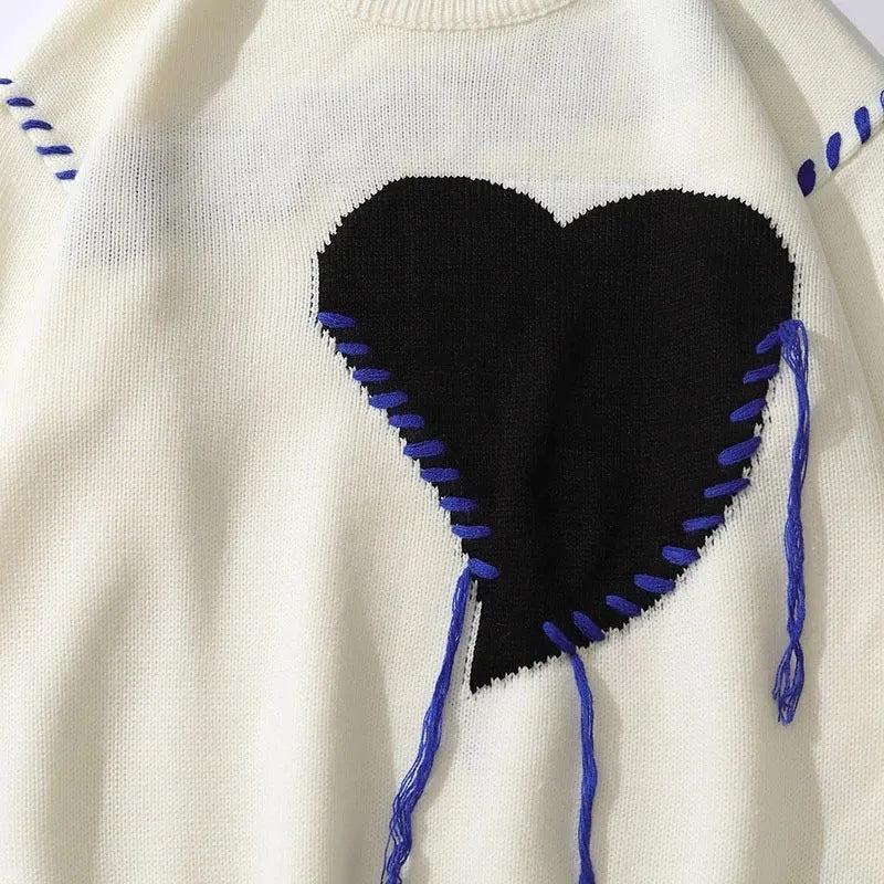 Weirdcore Heart Embroidered Sweater - KAYSMAR