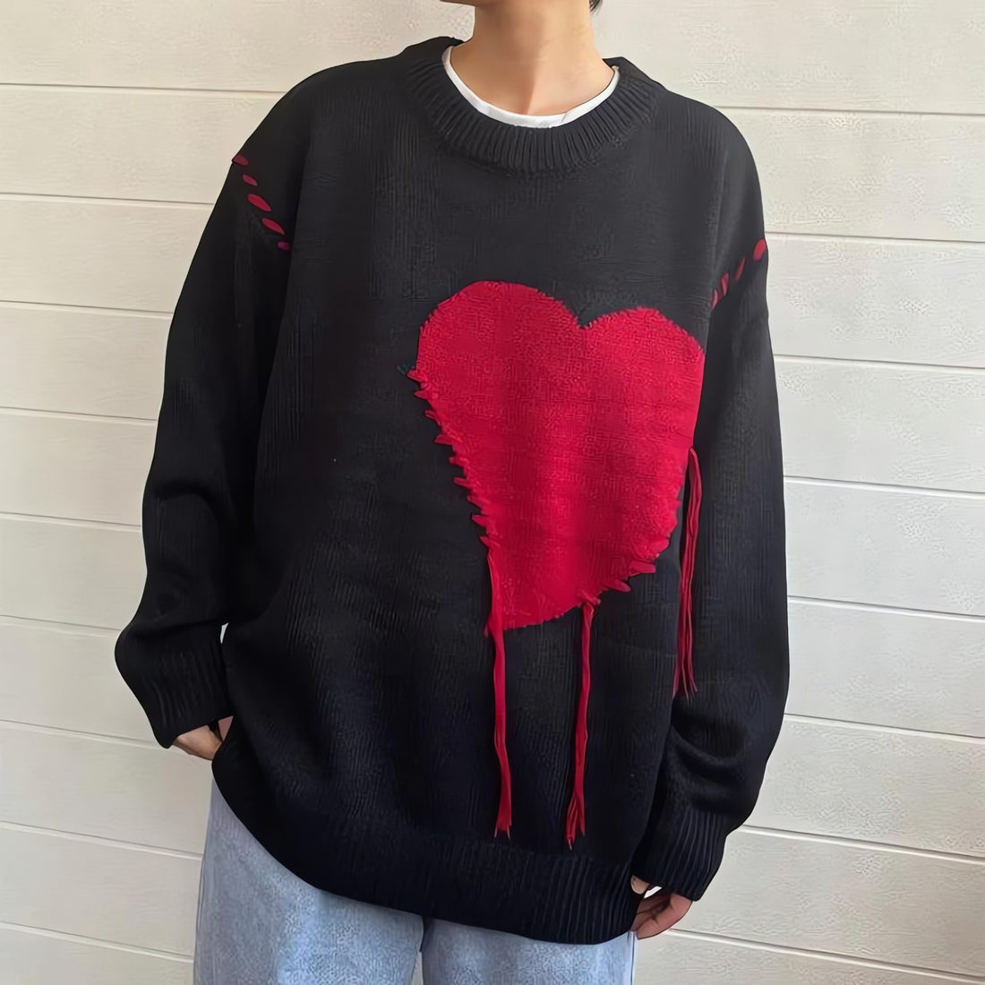 Weirdcore Heart Embroidered Sweater - KAYSMAR