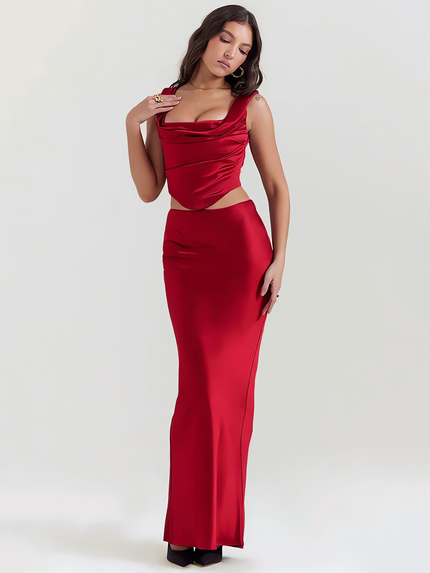 Wine Satin Corset Top & Maxi Skirt Two Piece Set - KAYSMAR