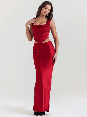 Wine Satin Corset Top & Maxi Skirt Two Piece Set - KAYSMAR