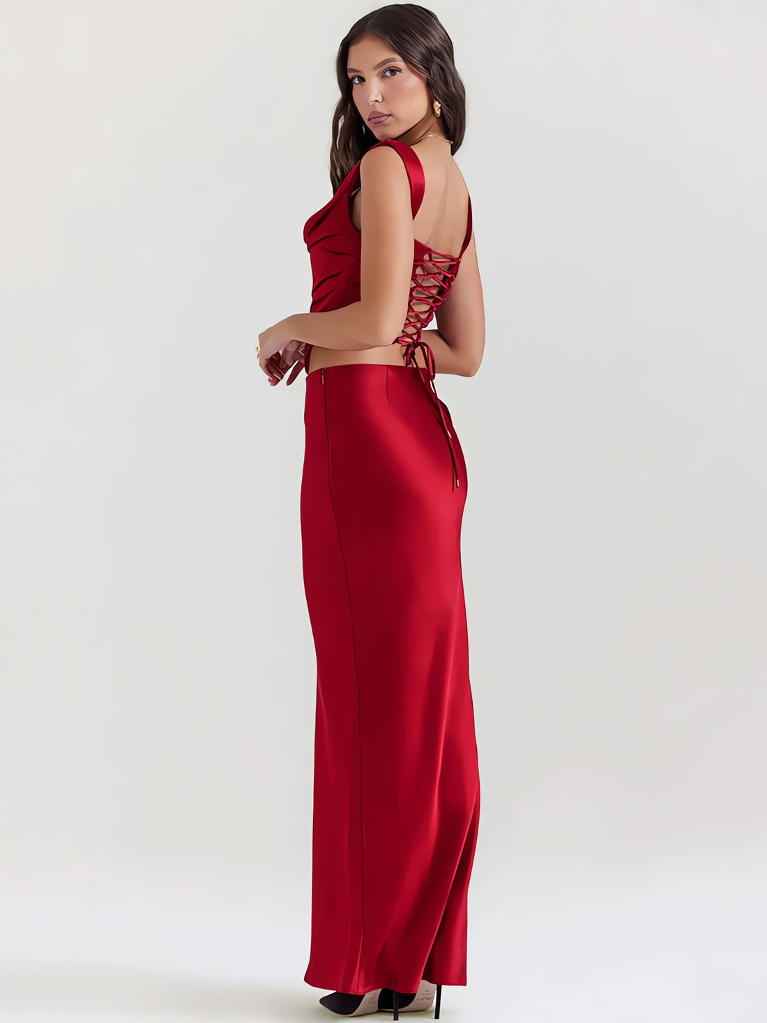 Wine Satin Corset Top & Maxi Skirt Two Piece Set - KAYSMAR