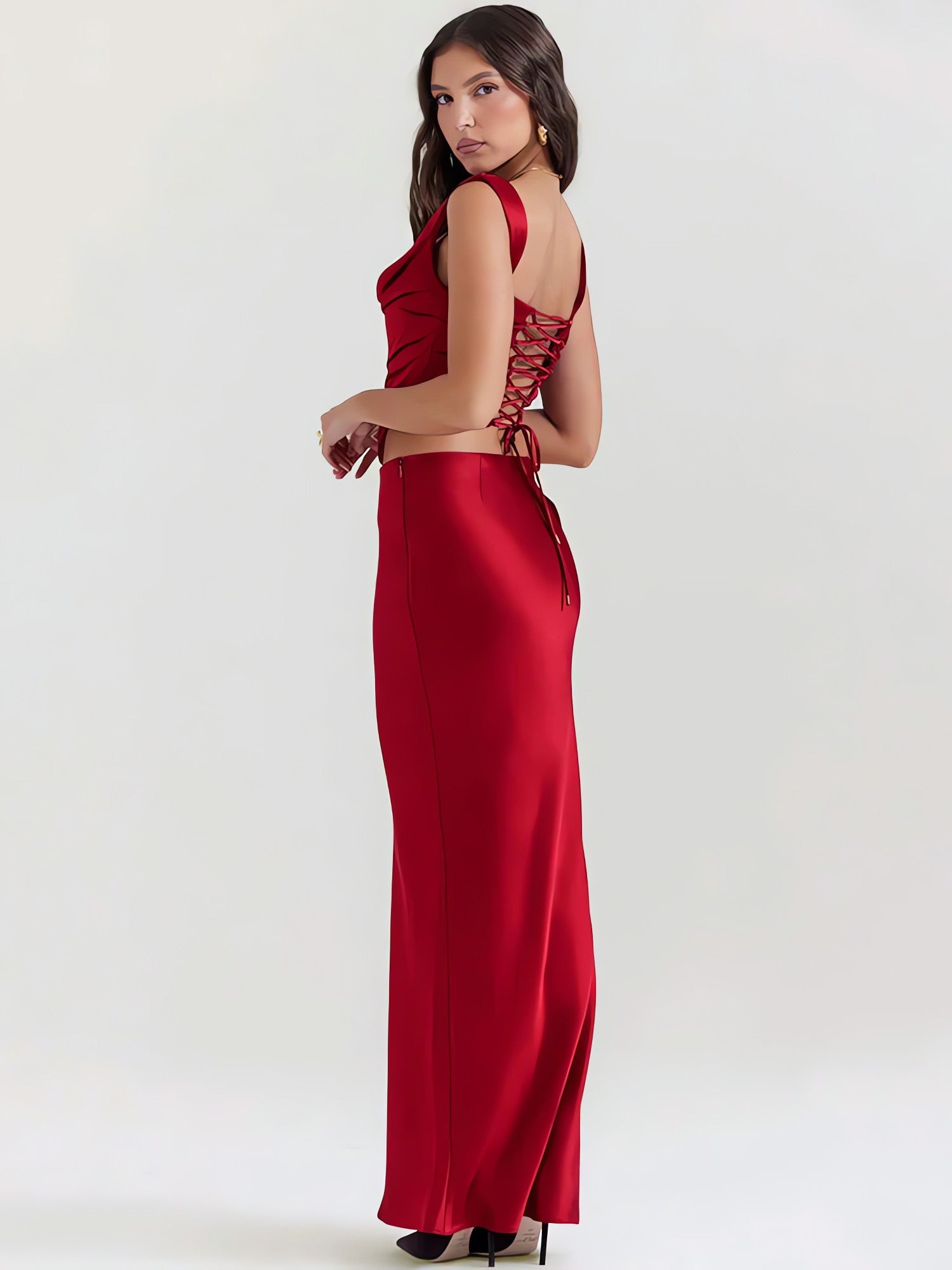 Wine Satin Corset Top & Maxi Skirt Two Piece Set - KAYSMAR