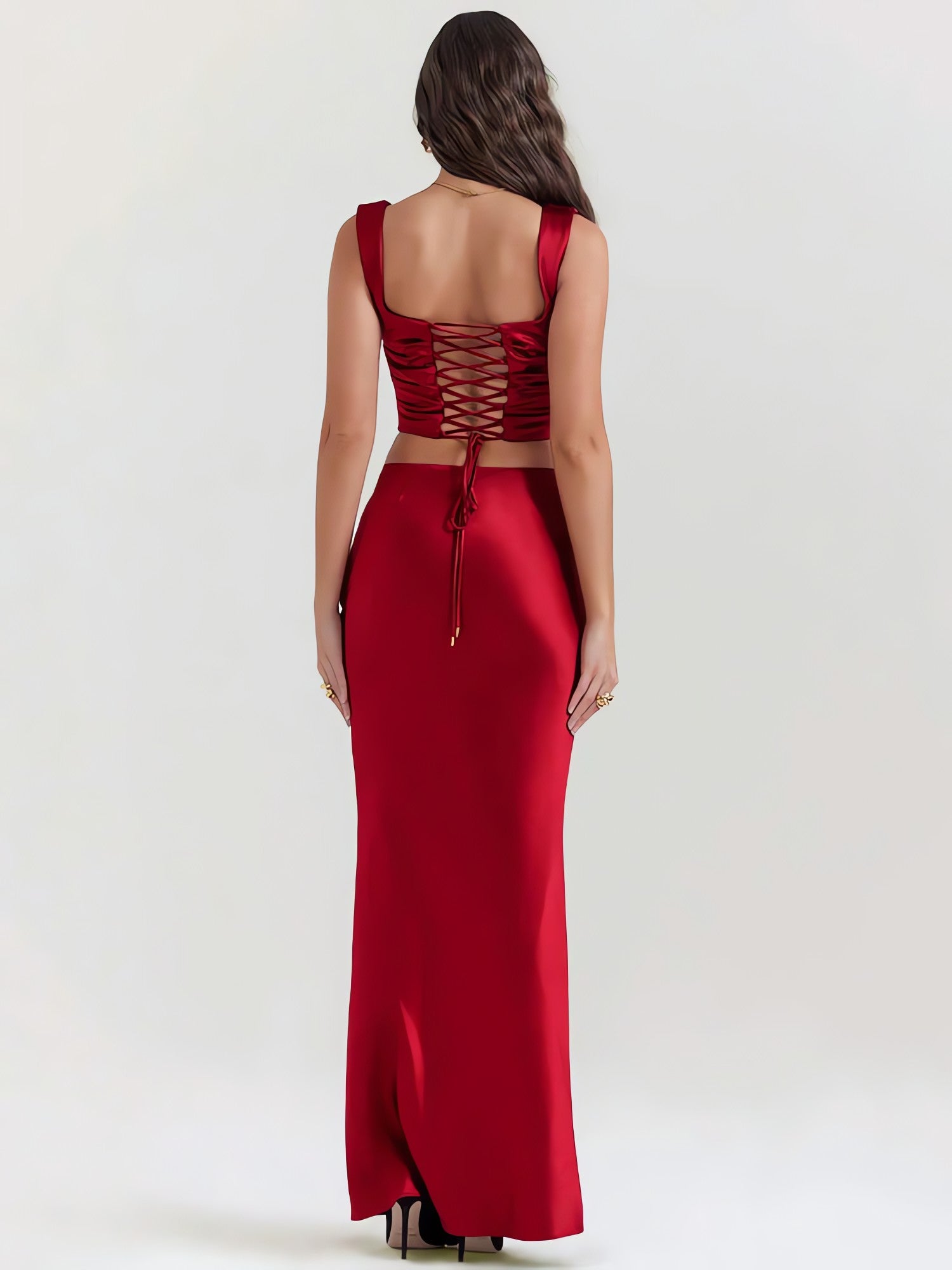 Wine Satin Corset Top & Maxi Skirt Two Piece Set - KAYSMAR