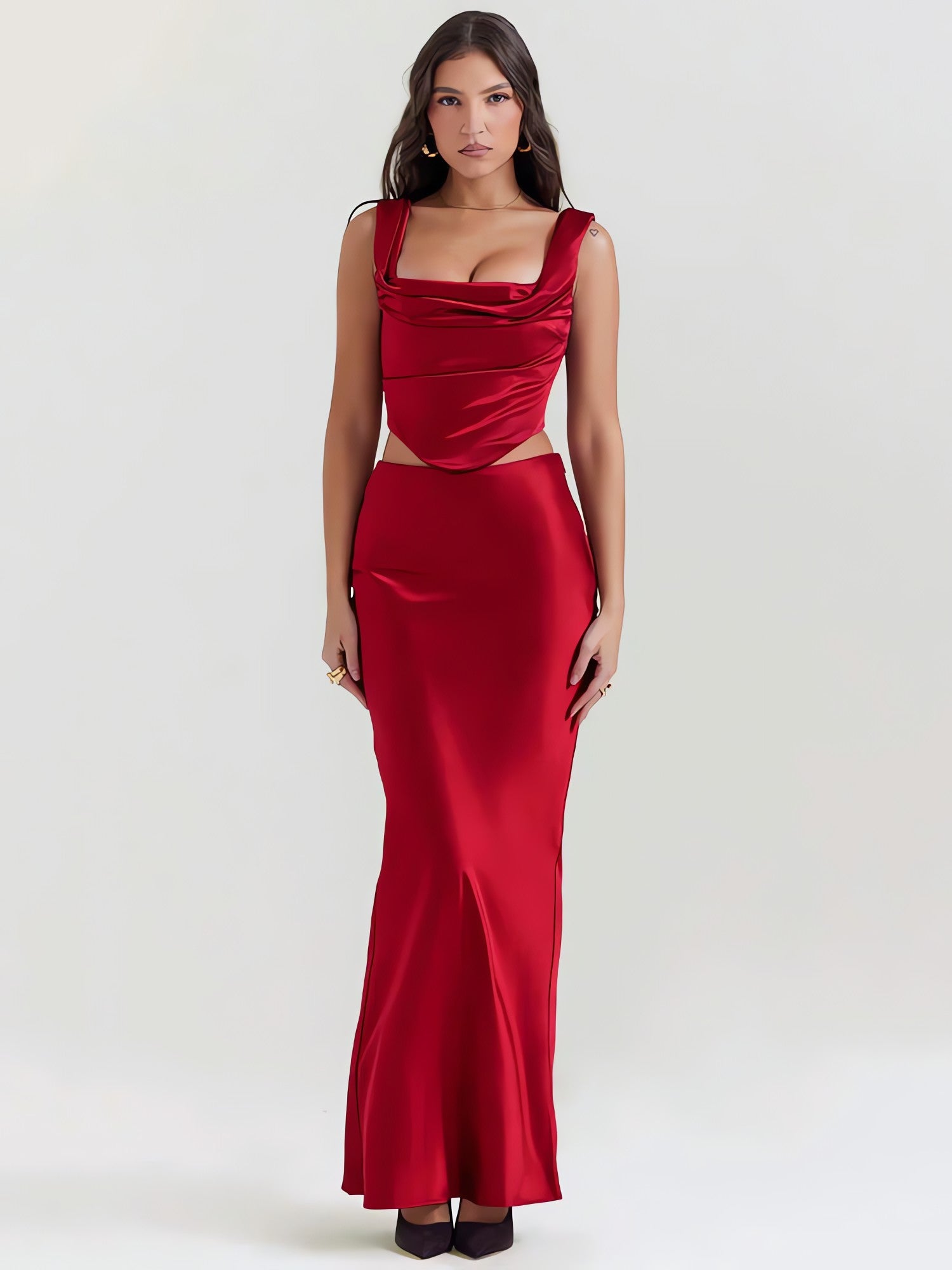 Wine Satin Corset Top & Maxi Skirt Two Piece Set - KAYSMAR