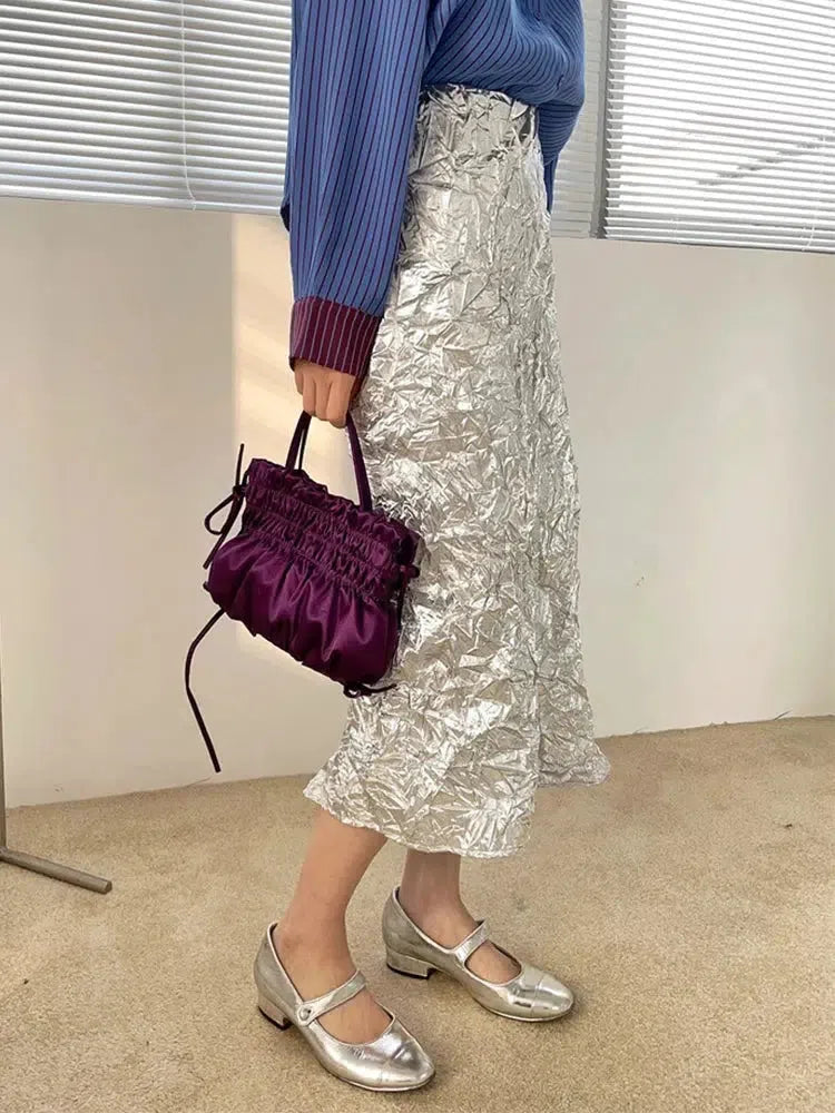 Wrinkled Silver Midi Skirt - KAYSMAR