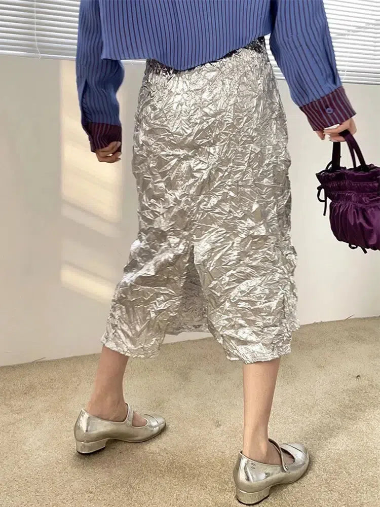 Wrinkled Silver Midi Skirt - KAYSMAR
