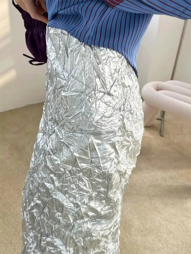 Wrinkled Silver Midi Skirt - KAYSMAR