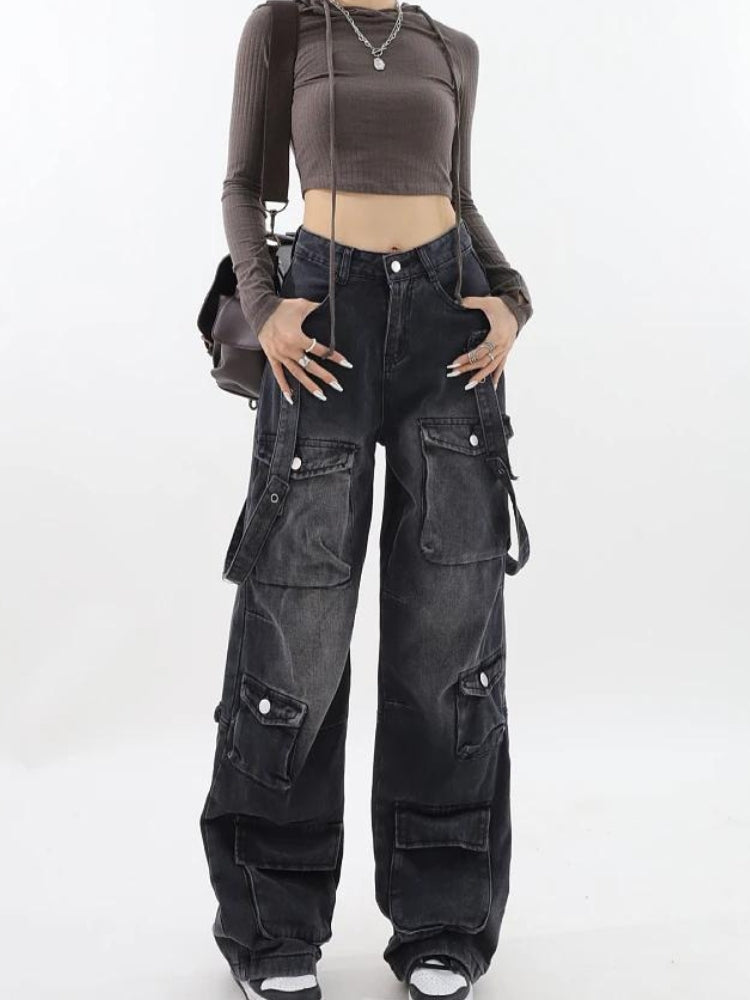 Y2K Belted Dark Wash Cargo Jeans - KAYSMAR