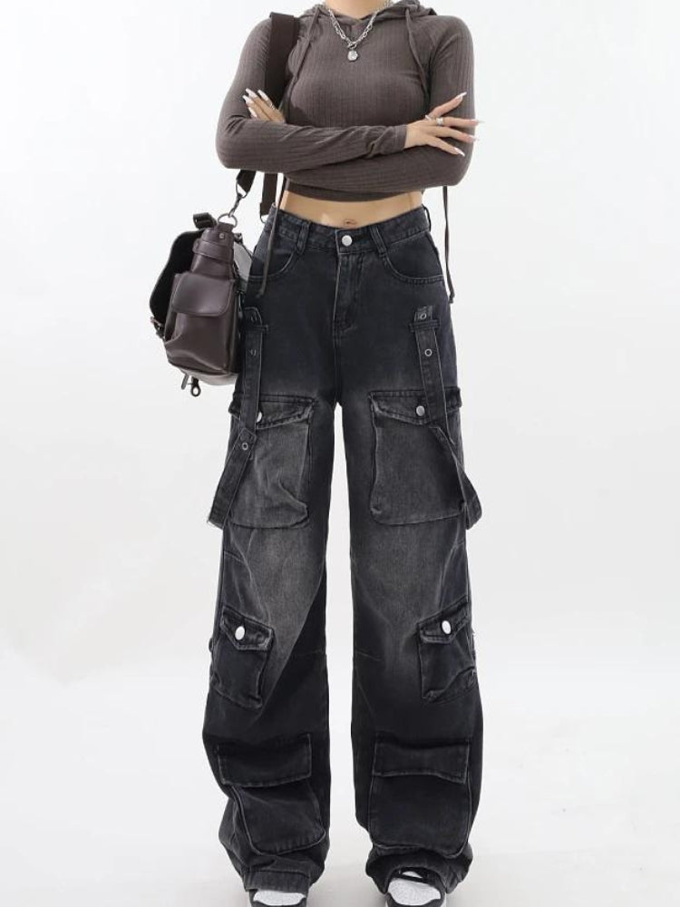 Y2K Belted Dark Wash Cargo Jeans - KAYSMAR