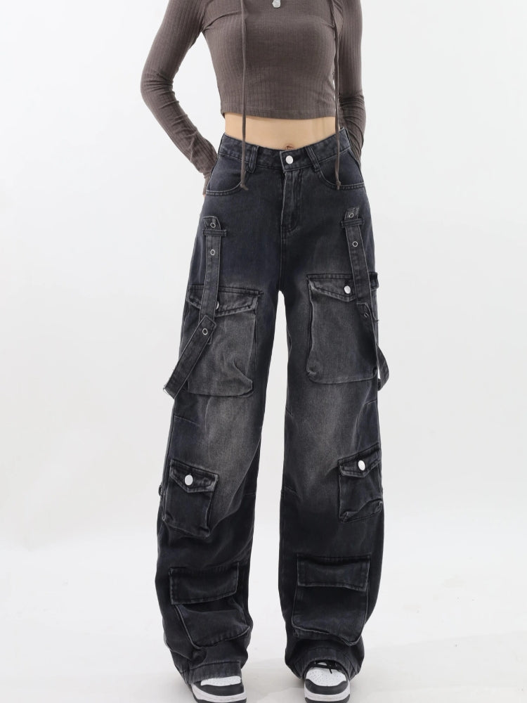 Y2K Belted Dark Wash Cargo Jeans - KAYSMAR