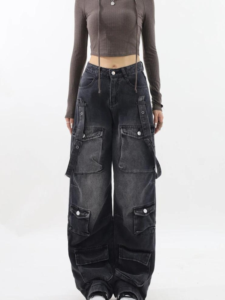 Y2K Belted Dark Wash Cargo Jeans - KAYSMAR