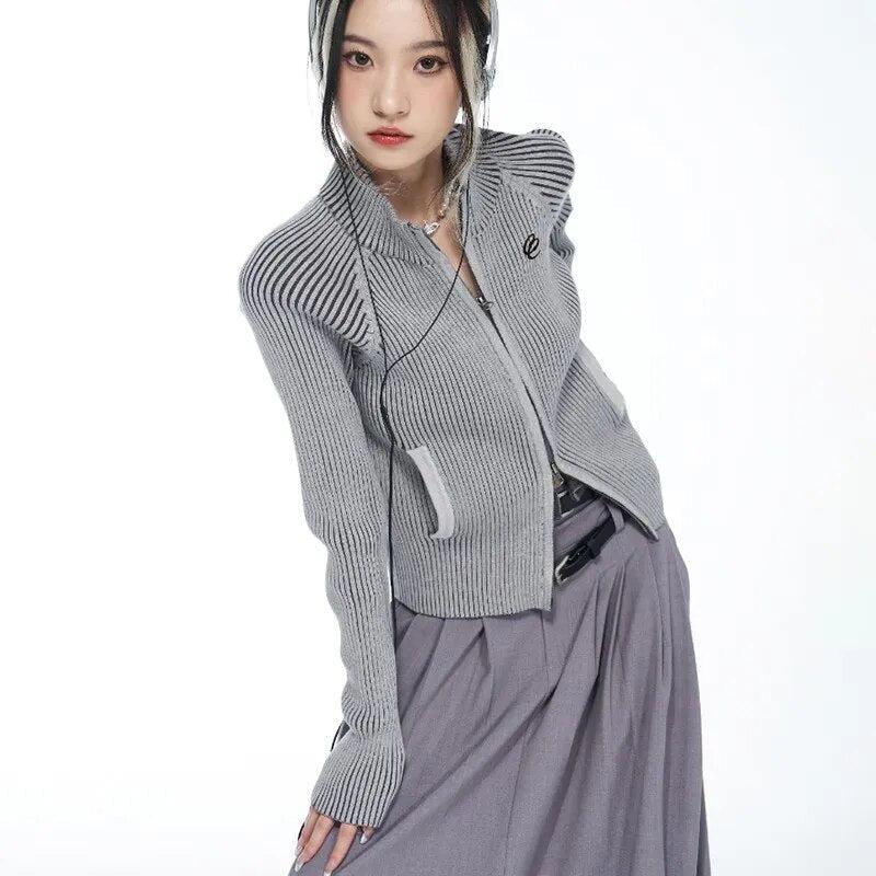 Y2K Cyber Zip-Up Turtleneck Cardigan - KAYSMAR