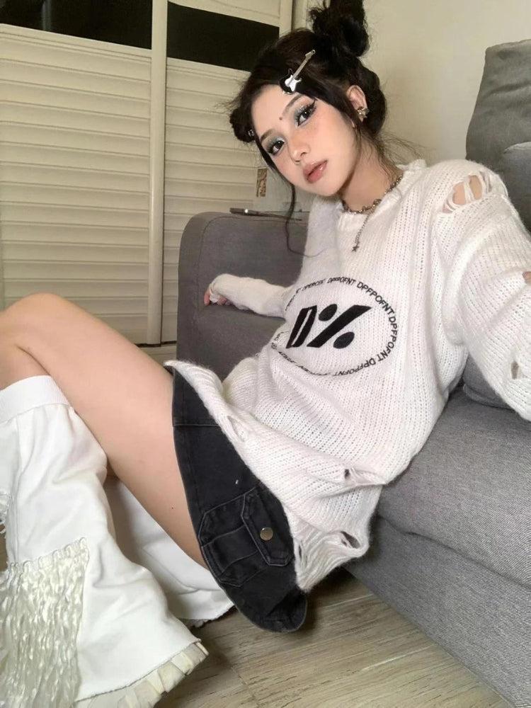 Y2K Grunge Distressed Knitted Sweater - KAYSMAR