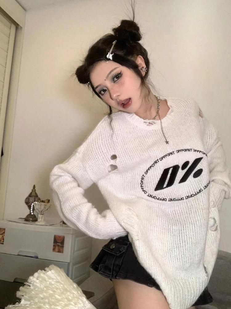 Y2K Grunge Distressed Knitted Sweater - KAYSMAR