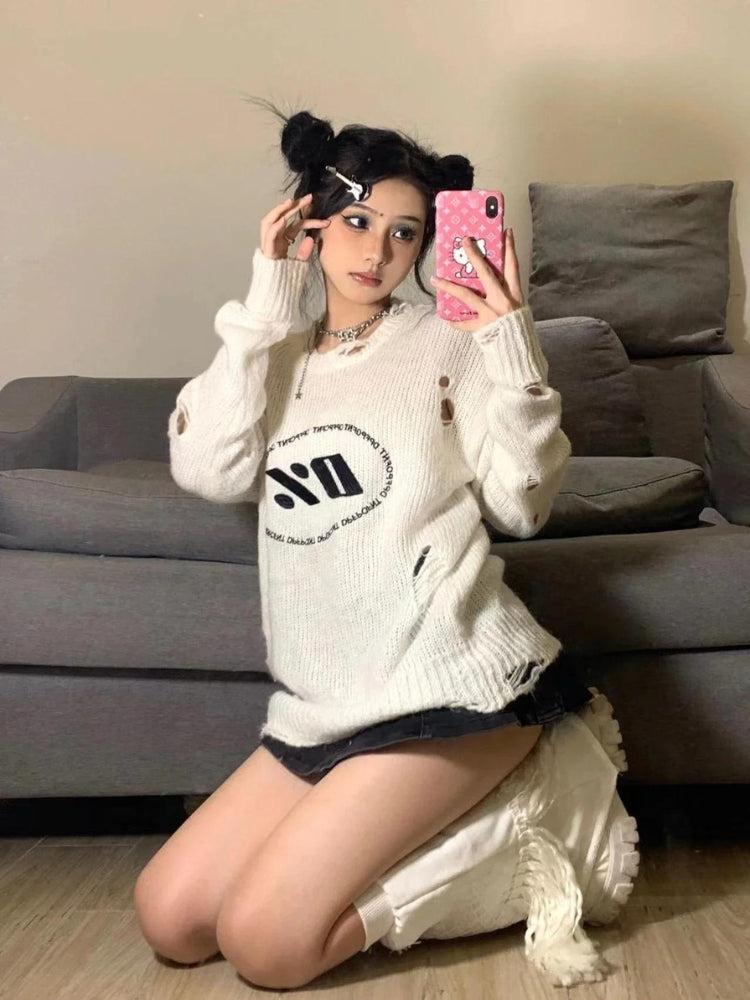 Y2K Grunge Distressed Knitted Sweater - KAYSMAR