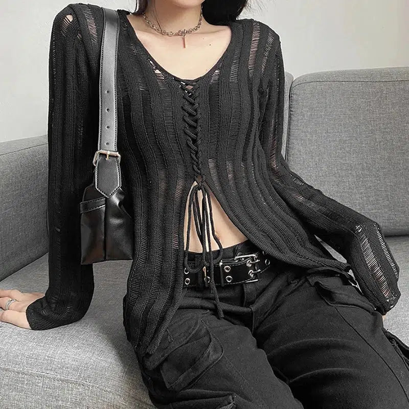 Y2K Grunge Sheer Lace Up Knitted Top - KAYSMAR