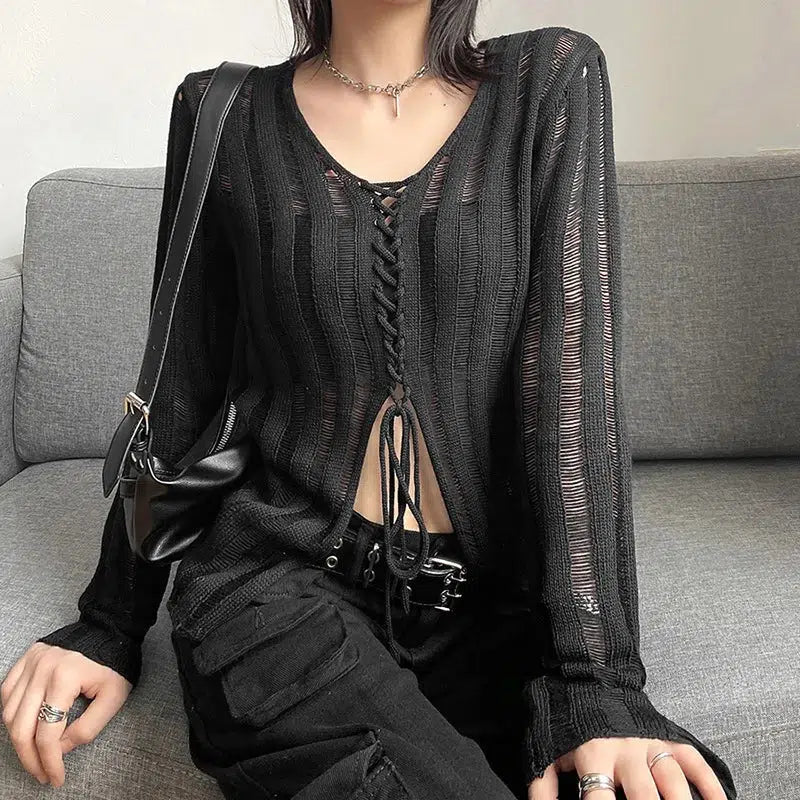 Y2K Grunge Sheer Lace Up Knitted Top - KAYSMAR